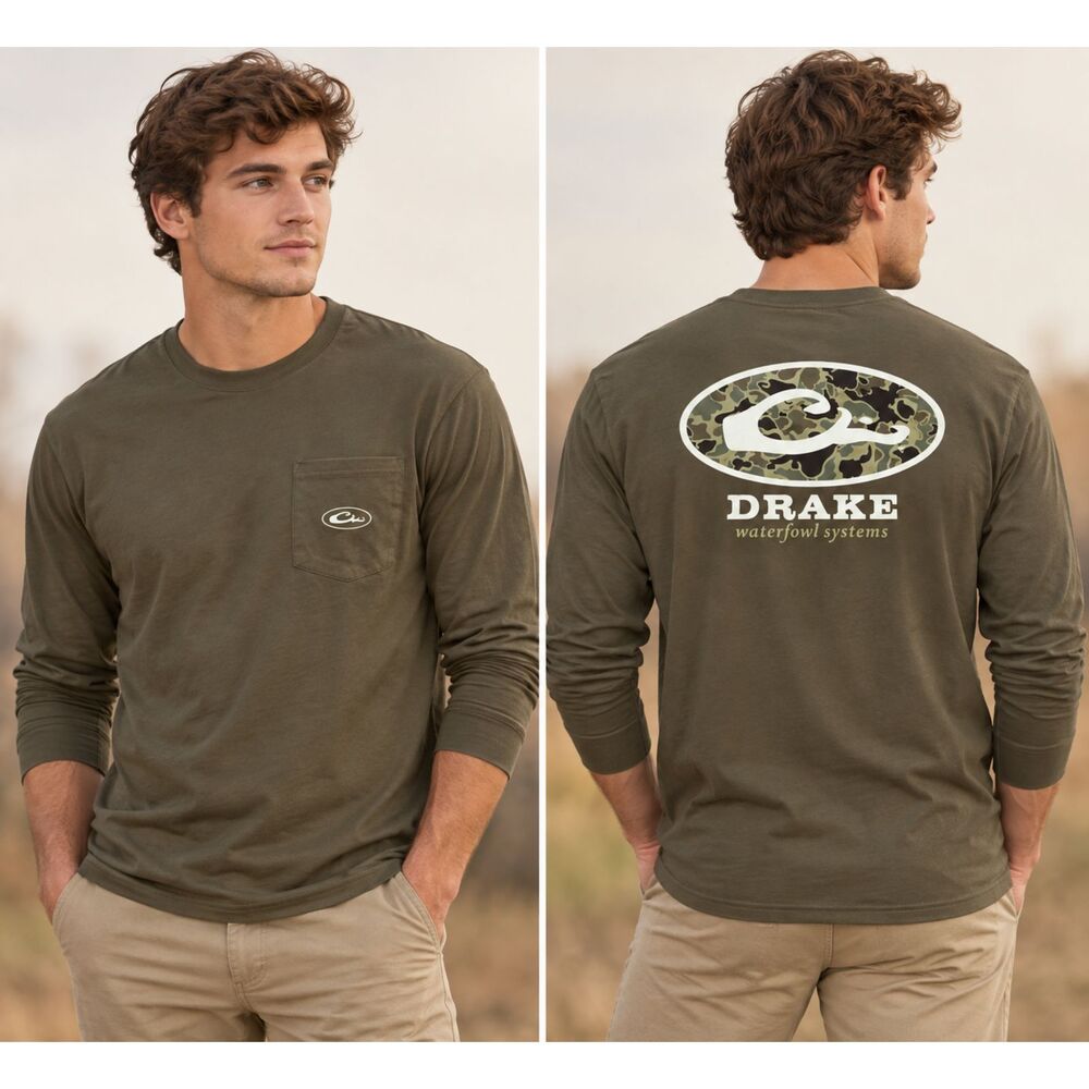 Drake Waterfowl Men's Long Sleeve Pocket T-Shirt Circle Mallard Logo Mens Medium